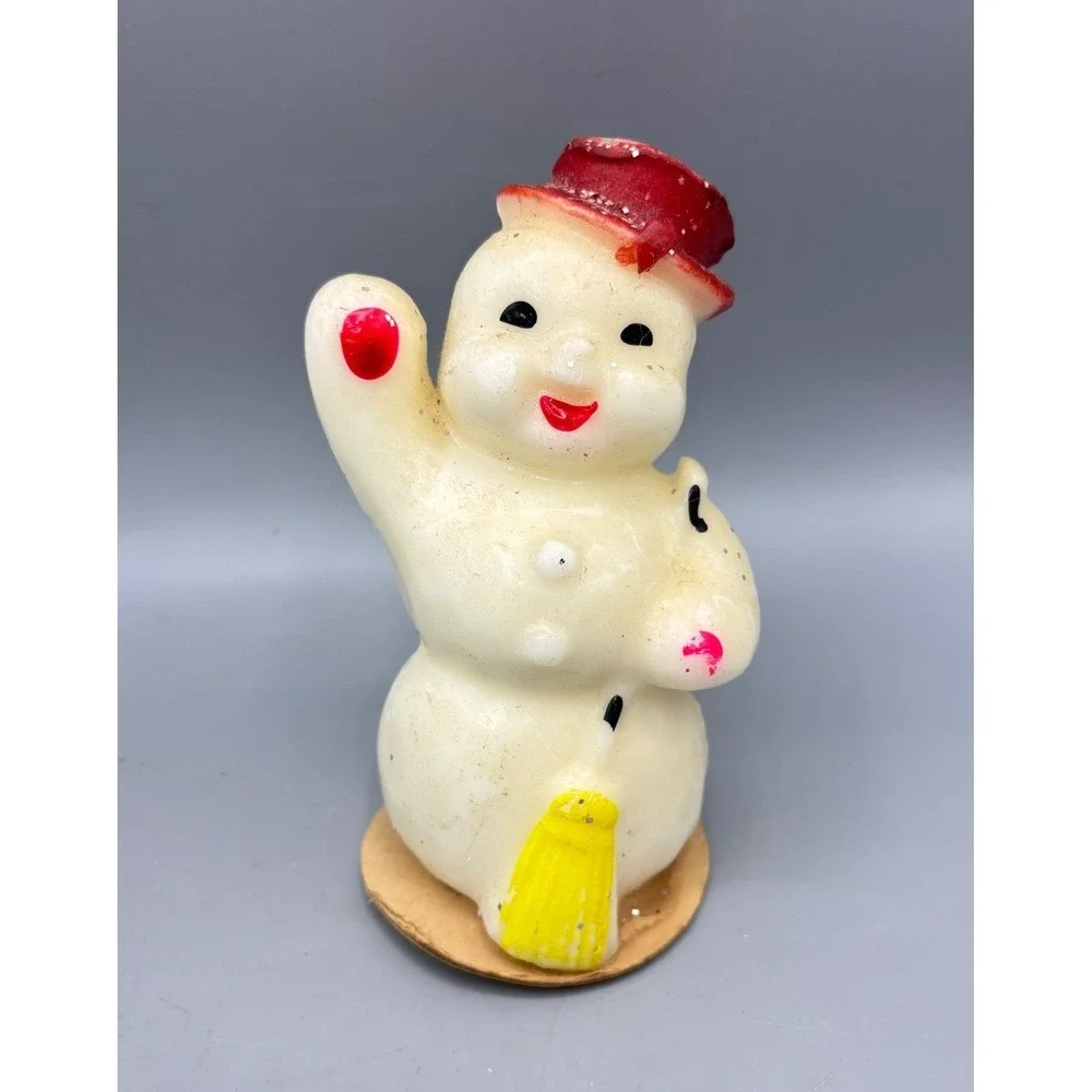 Vintage Gurley Candle Co Snowman Christmas Candle Red Glitter‎ Hat Waving Broom